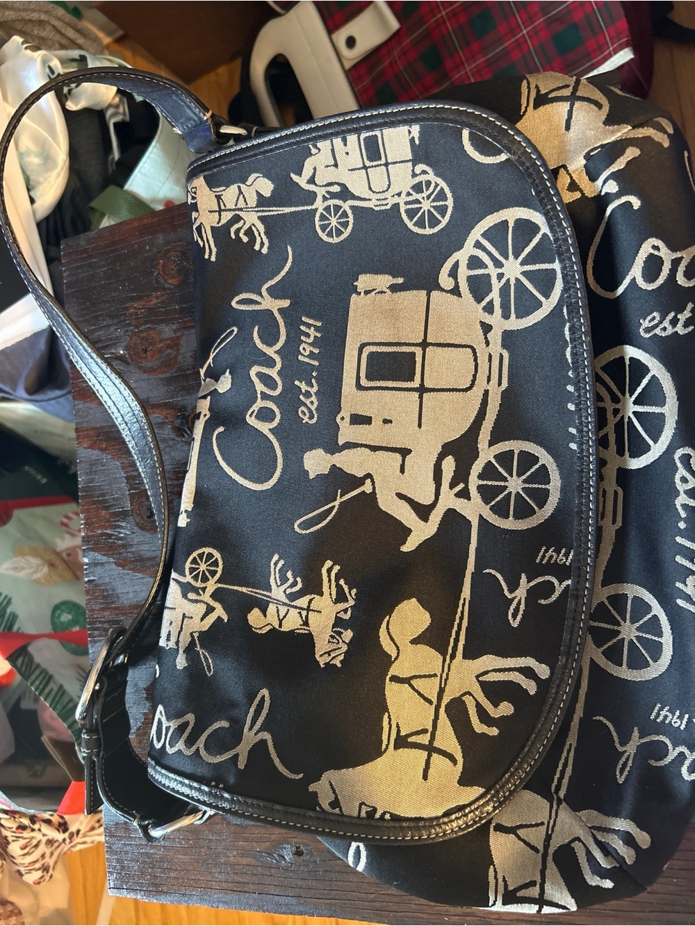 Coach Black and Grey Signature Carriage Print Shoulder Bag